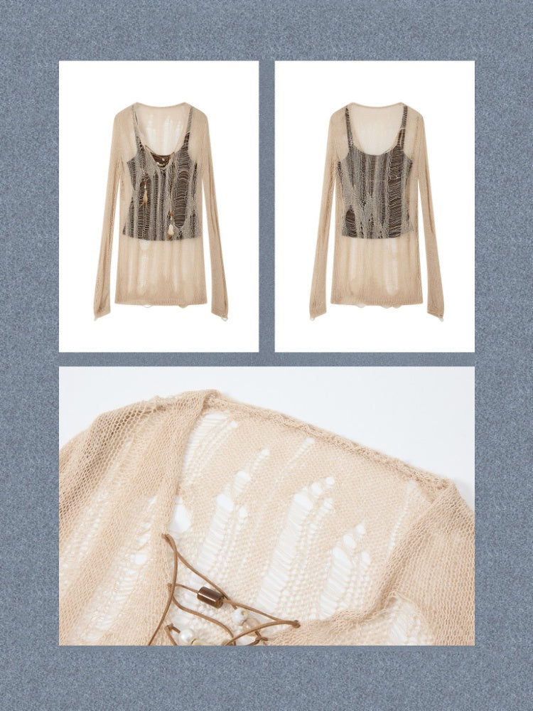 Cover-Up Hollow-Out Light Yarn Ripped Irregular Long-Sleeve Two-Piece Set【s0000018154】