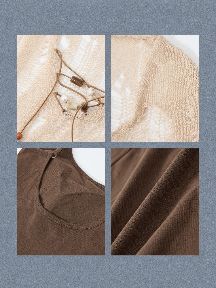 Cover-Up Hollow-Out Light Yarn Ripped Irregular Long-Sleeve Two-Piece Set【s0000018154】
