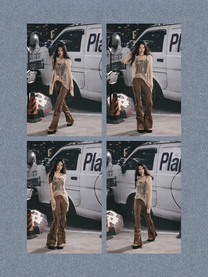 Cover-Up Hollow-Out Light Yarn Ripped Irregular Long-Sleeve Two-Piece Set【s0000018154】