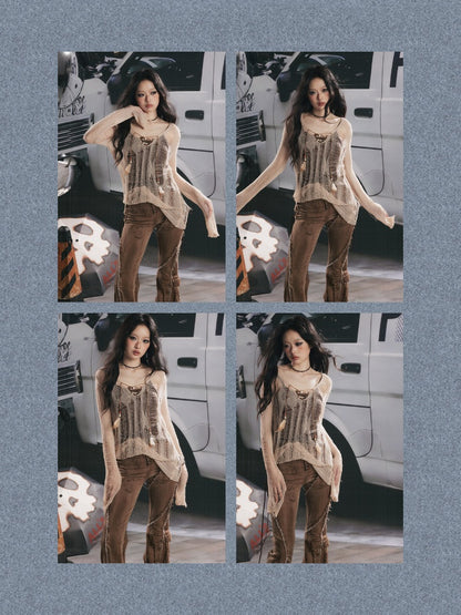 Cover-Up Hollow-Out Light Yarn Ripped Irregular Long-Sleeve Two-Piece Set【s0000018154】