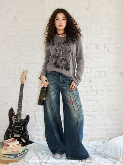 Chemical Girl × NANA Collaboration  Rock Band Prints Loose Long-Sleeve T-Shirt【s0000018155】
