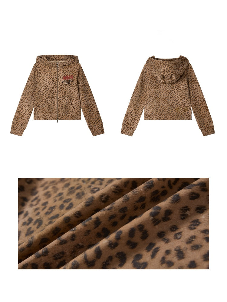 Chemical Girl × NANA Collaboration Double Zipper Leopard Print Pointed Ear Rhinestone Hooded Cardigan【s0000018156】