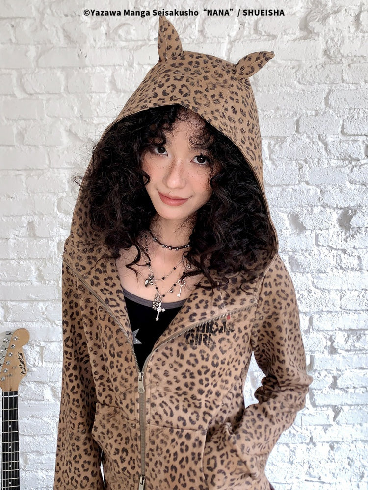 Chemical Girl × NANA Collaboration Double Zipper Leopard Print Pointed Ear Rhinestone Hooded Cardigan【s0000018156】