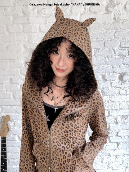 Chemical Girl × NANA Collaboration Double Zipper Leopard Print Pointed Ear Rhinestone Hooded Cardigan【s0000018156】