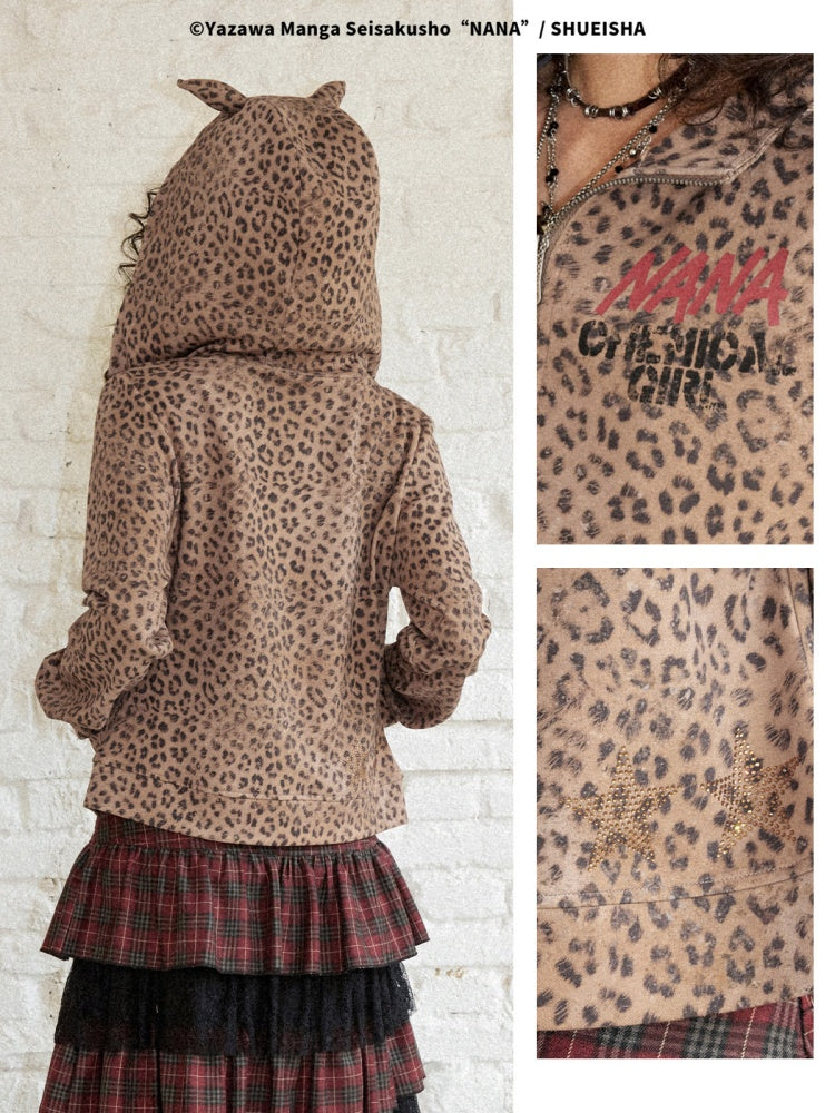 Chemical Girl × NANA Collaboration Double Zipper Leopard Print Pointed Ear Rhinestone Hooded Cardigan【s0000018156】