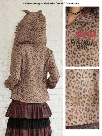 Chemical Girl × NANA Collaboration Double Zipper Leopard Print Pointed Ear Rhinestone Hooded Cardigan【s0000018156】