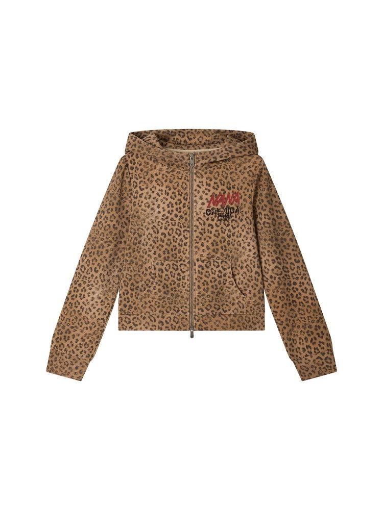 Chemical Girl × NANA Collaboration Double Zipper Leopard Print Pointed Ear Rhinestone Hooded Cardigan【s0000018156】