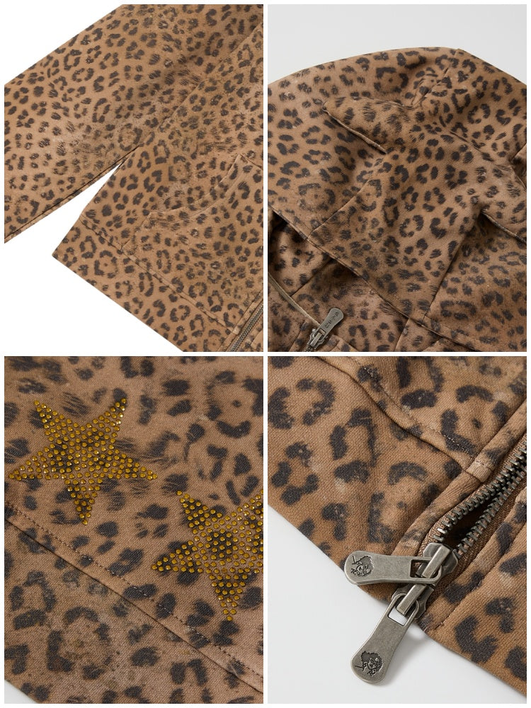 Chemical Girl × NANA Collaboration Double Zipper Leopard Print Pointed Ear Rhinestone Hooded Cardigan【s0000018156】