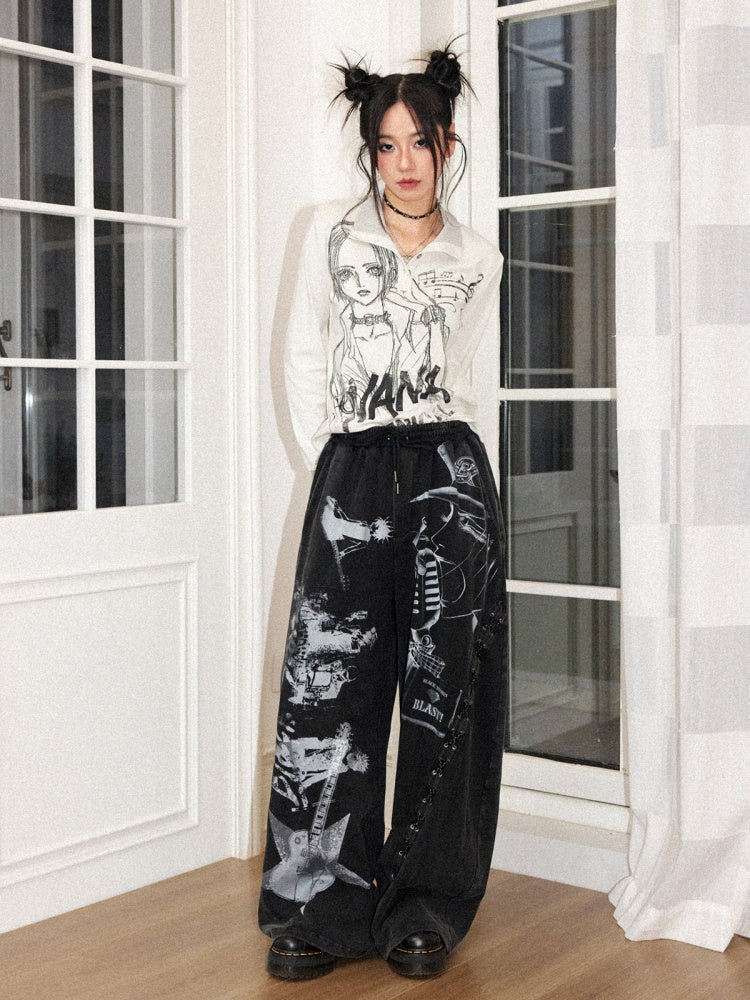 Chemical Girl × NANA Collaboration Retro Rock Loose Distressed Printed Lace-Up Elastic Waist Casual Sweatpants【s0000018157】