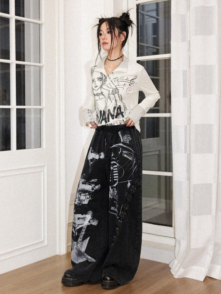 Chemical Girl × NANA Collaboration Retro Rock Loose Distressed Printed Lace-Up Elastic Waist Casual Sweatpants【s0000018157】
