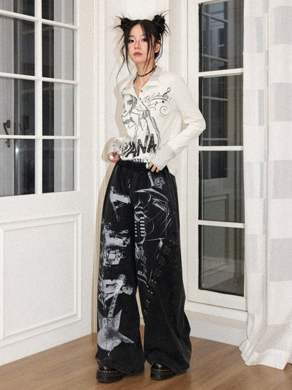 Chemical Girl × NANA Collaboration Retro Rock Loose Distressed Printed Lace-Up Elastic Waist Casual Sweatpants【s0000018157】