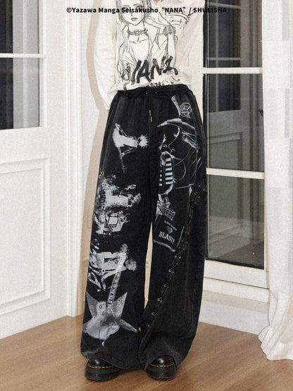 Chemical Girl × NANA Collaboration Retro Rock Loose Distressed Printed Lace-Up Elastic Waist Casual Sweatpants【s0000018157】