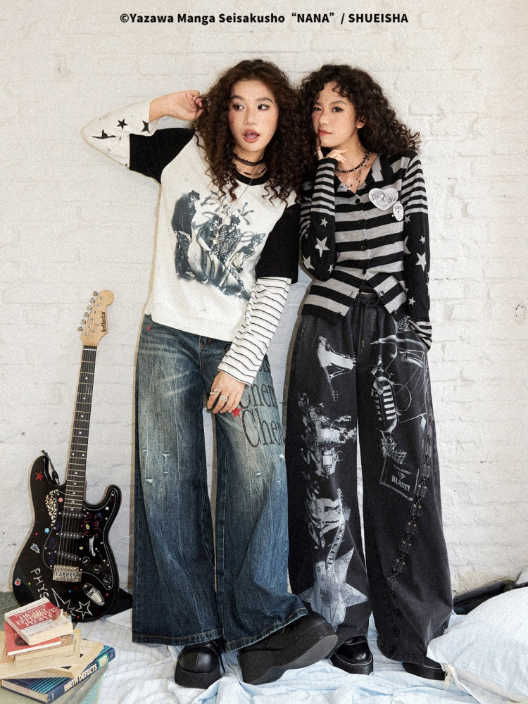 Chemical Girl × NANA Collaboration Retro Rock Loose Distressed Printed Lace-Up Elastic Waist Casual Sweatpants【s0000018157】