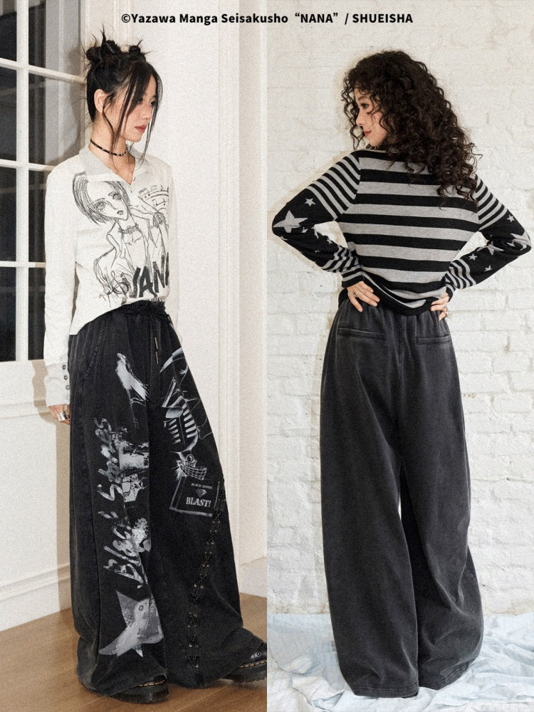 Chemical Girl × NANA Collaboration Retro Rock Loose Distressed Printed Lace-Up Elastic Waist Casual Sweatpants【s0000018157】