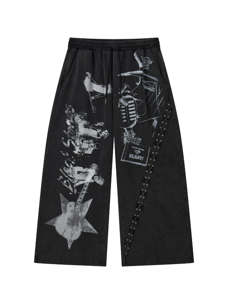 Chemical Girl × NANA Collaboration Retro Rock Loose Distressed Printed Lace-Up Elastic Waist Casual Sweatpants【s0000018157】