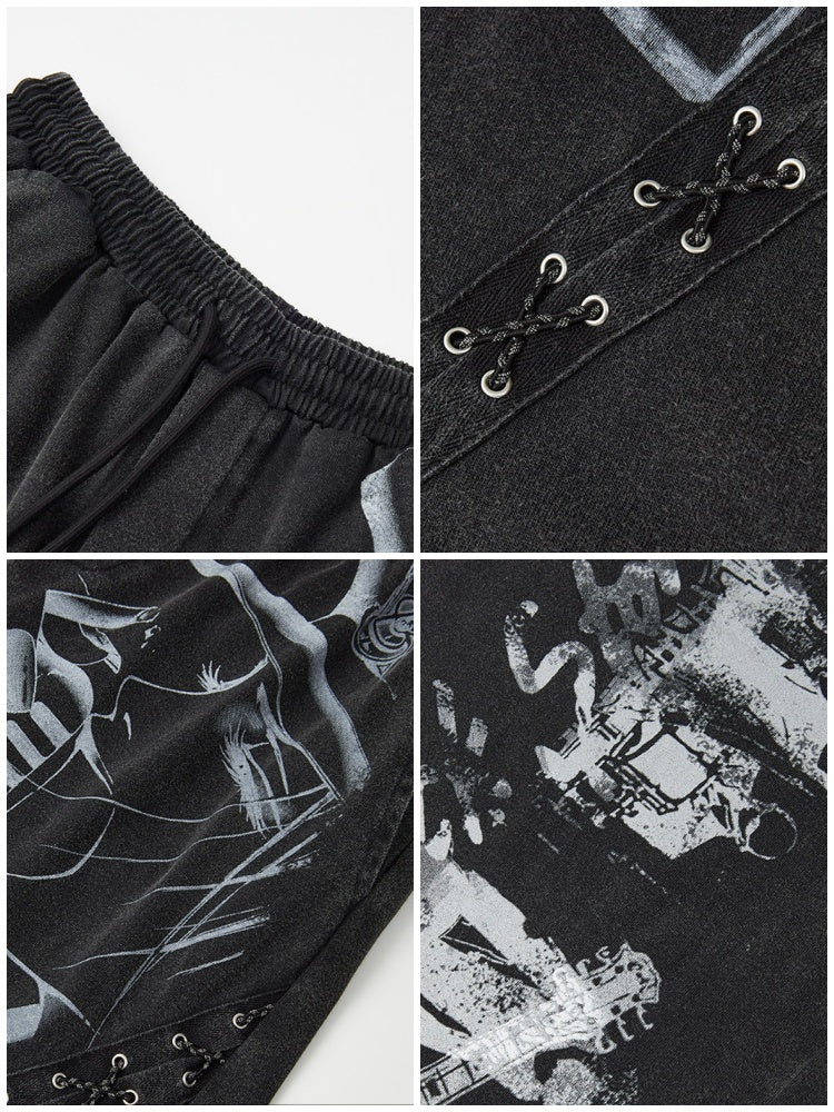 Chemical Girl × NANA Collaboration Retro Rock Loose Distressed Printed Lace-Up Elastic Waist Casual Sweatpants【s0000018157】