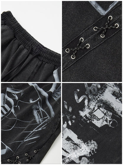 Chemical Girl × NANA Collaboration Retro Rock Loose Distressed Printed Lace-Up Elastic Waist Casual Sweatpants【s0000018157】