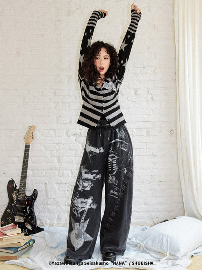 Chemical Girl × NANA Collaboration Retro Rock Loose Distressed Printed Lace-Up Elastic Waist Casual Sweatpants【s0000018157】