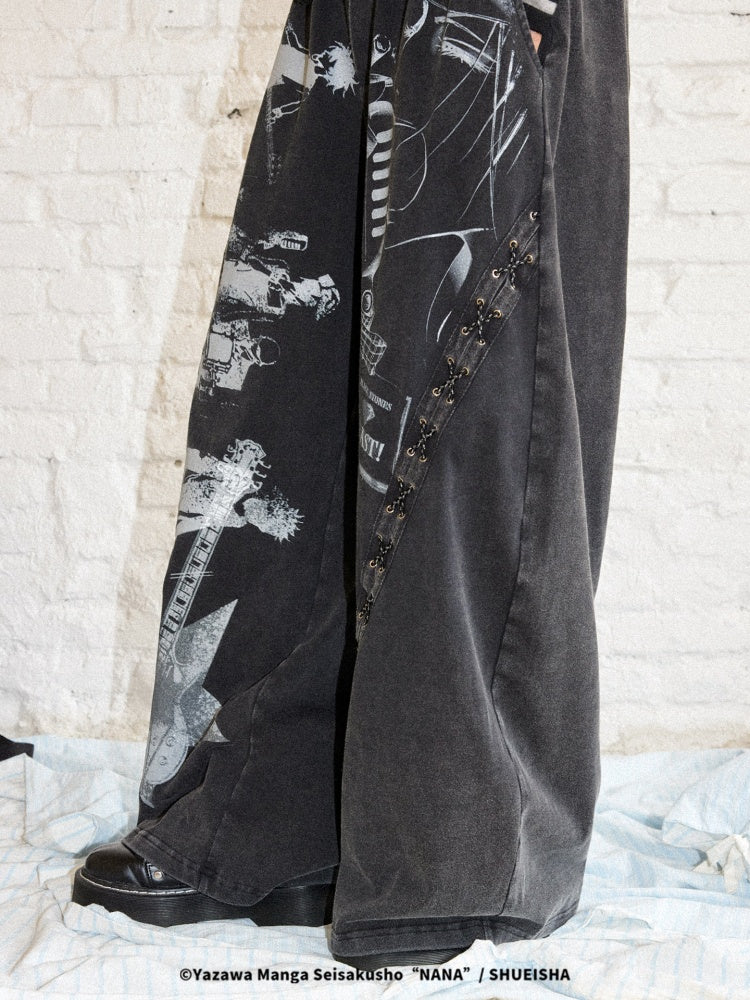 Chemical Girl × NANA Collaboration Retro Rock Loose Distressed Printed Lace-Up Elastic Waist Casual Sweatpants【s0000018157】