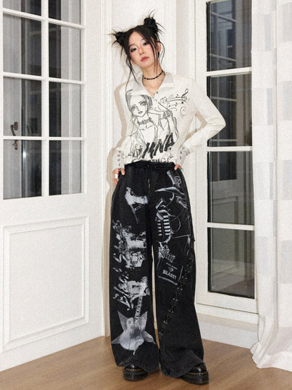 Chemical Girl × NANA Collaboration Retro Rock Loose Distressed Printed Lace-Up Elastic Waist Casual Sweatpants【s0000018157】