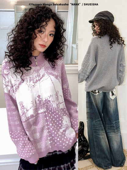 Chemical Girl × NANA Collaboration Polka Dot Portrait Print Zipper Knit Cardigan【s0000018158】