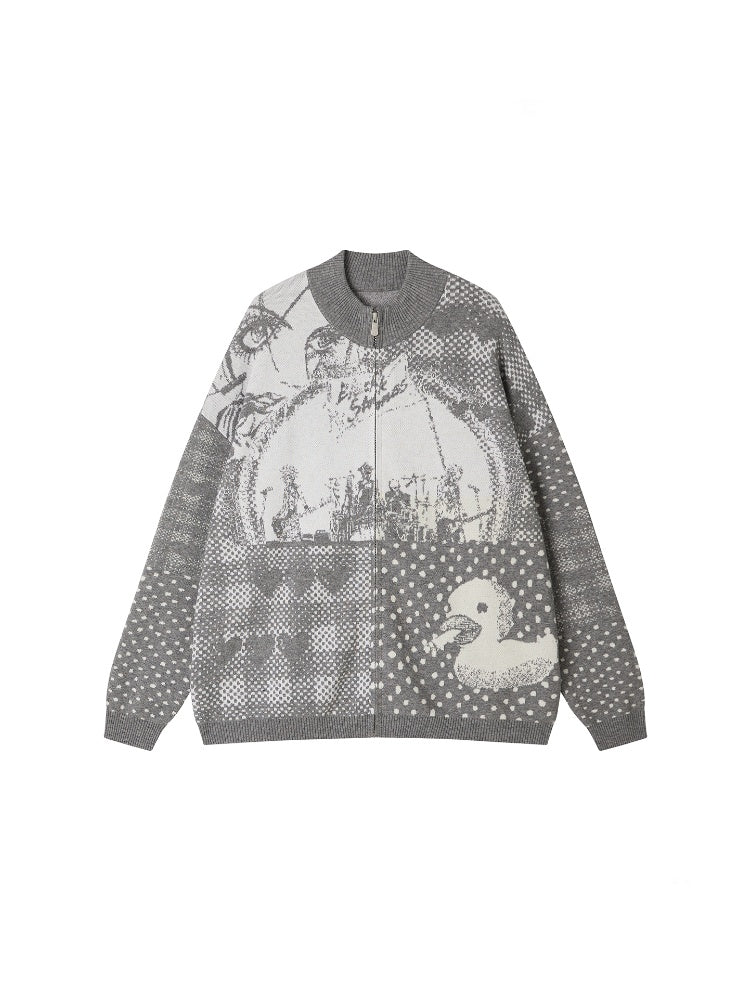 Chemical Girl × NANA Collaboration Polka Dot Portrait Print Zipper Knit Cardigan【s0000018158】