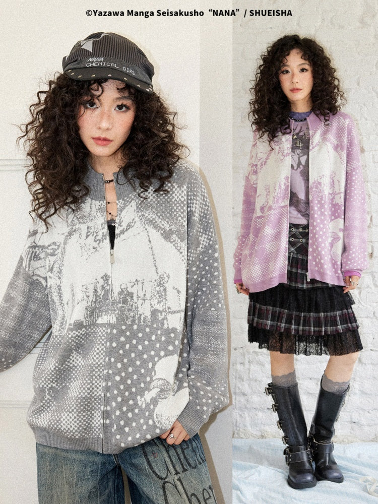 Chemical Girl × NANA Collaboration Polka Dot Portrait Print Zipper Knit Cardigan【s0000018158】