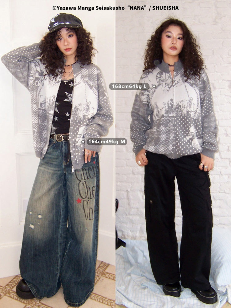Chemical Girl × NANA Collaboration Polka Dot Portrait Print Zipper Knit Cardigan【s0000018158】