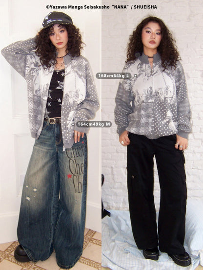 Chemical Girl × NANA Collaboration Polka Dot Portrait Print Zipper Knit Cardigan【s0000018158】