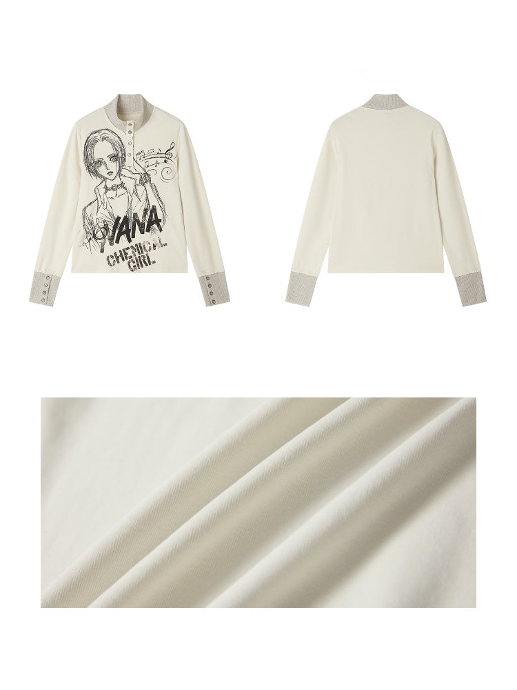 Chemical Girl × NANA Collaboration Printed Lines Knit High Neck Buttons Half-Open Long Sleeve T-Shirt【s0000018159】