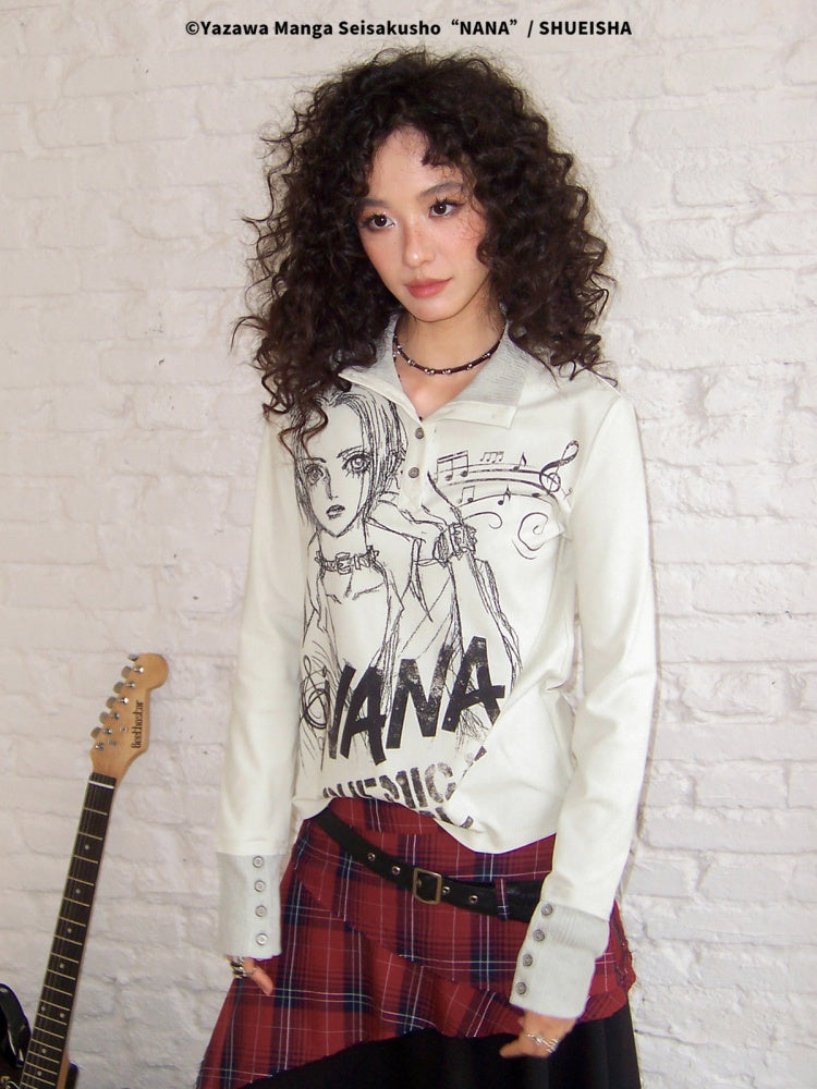 Chemical Girl × NANA Collaboration Printed Lines Knit High Neck Buttons Half-Open Long Sleeve T-Shirt【s0000018159】