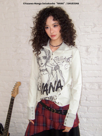 Chemical Girl × NANA Collaboration Printed Lines Knit High Neck Buttons Half-Open Long Sleeve T-Shirt【s0000018159】