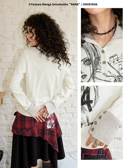 Chemical Girl × NANA Collaboration Printed Lines Knit High Neck Buttons Half-Open Long Sleeve T-Shirt【s0000018159】