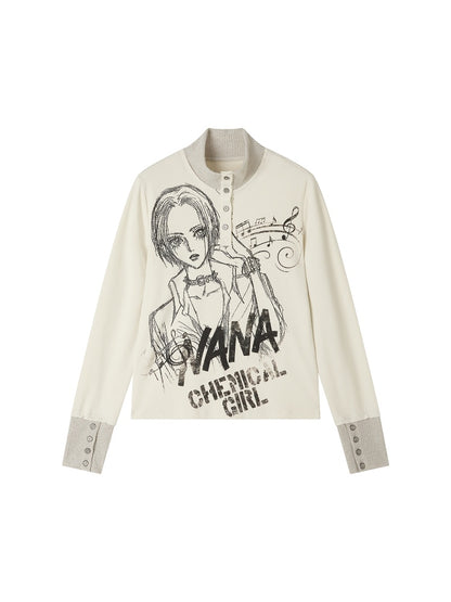 Chemical Girl × NANA Collaboration Printed Lines Knit High Neck Buttons Half-Open Long Sleeve T-Shirt【s0000018159】