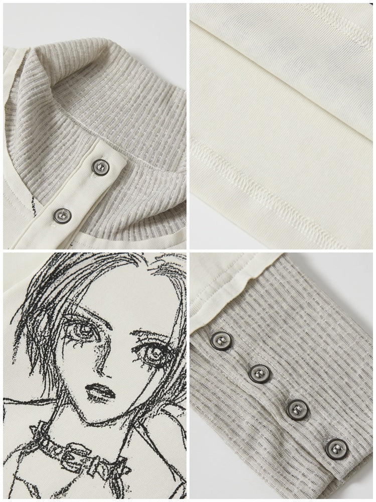Chemical Girl × NANA Collaboration Printed Lines Knit High Neck Buttons Half-Open Long Sleeve T-Shirt【s0000018159】