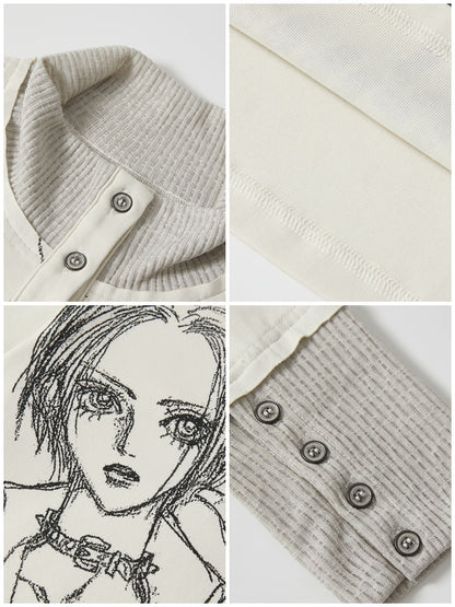 Chemical Girl × NANA Collaboration Printed Lines Knit High Neck Buttons Half-Open Long Sleeve T-Shirt【s0000018159】