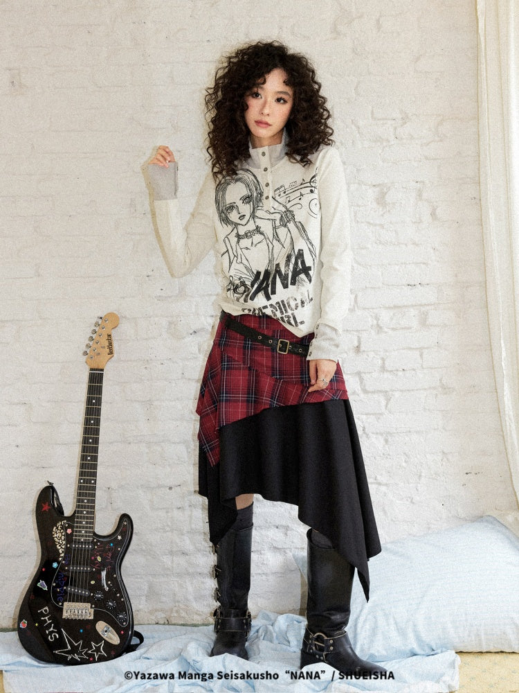 Chemical Girl × NANA Collaboration Printed Lines Knit High Neck Buttons Half-Open Long Sleeve T-Shirt【s0000018159】