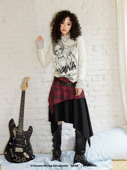 Chemical Girl × NANA Collaboration Printed Lines Knit High Neck Buttons Half-Open Long Sleeve T-Shirt【s0000018159】