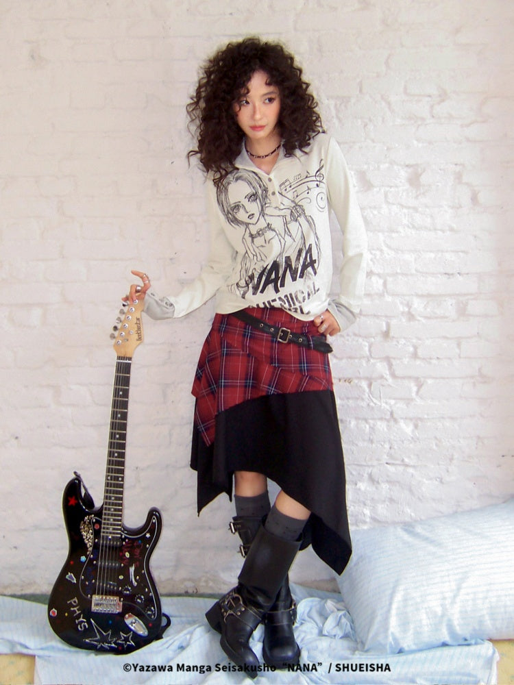 Chemical Girl × NANA Collaboration Printed Lines Knit High Neck Buttons Half-Open Long Sleeve T-Shirt【s0000018159】