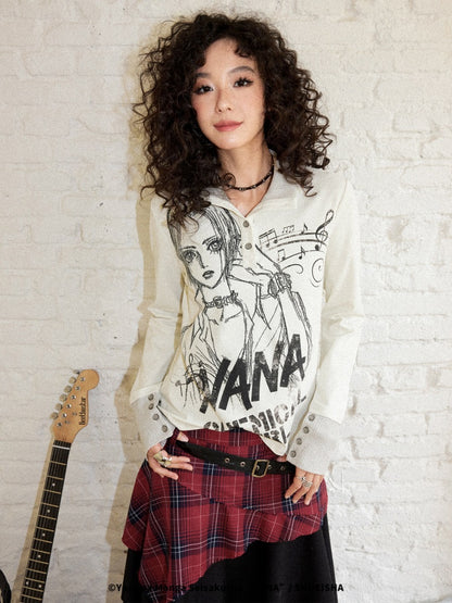 Chemical Girl × NANA Collaboration Printed Lines Knit High Neck Buttons Half-Open Long Sleeve T-Shirt【s0000018159】