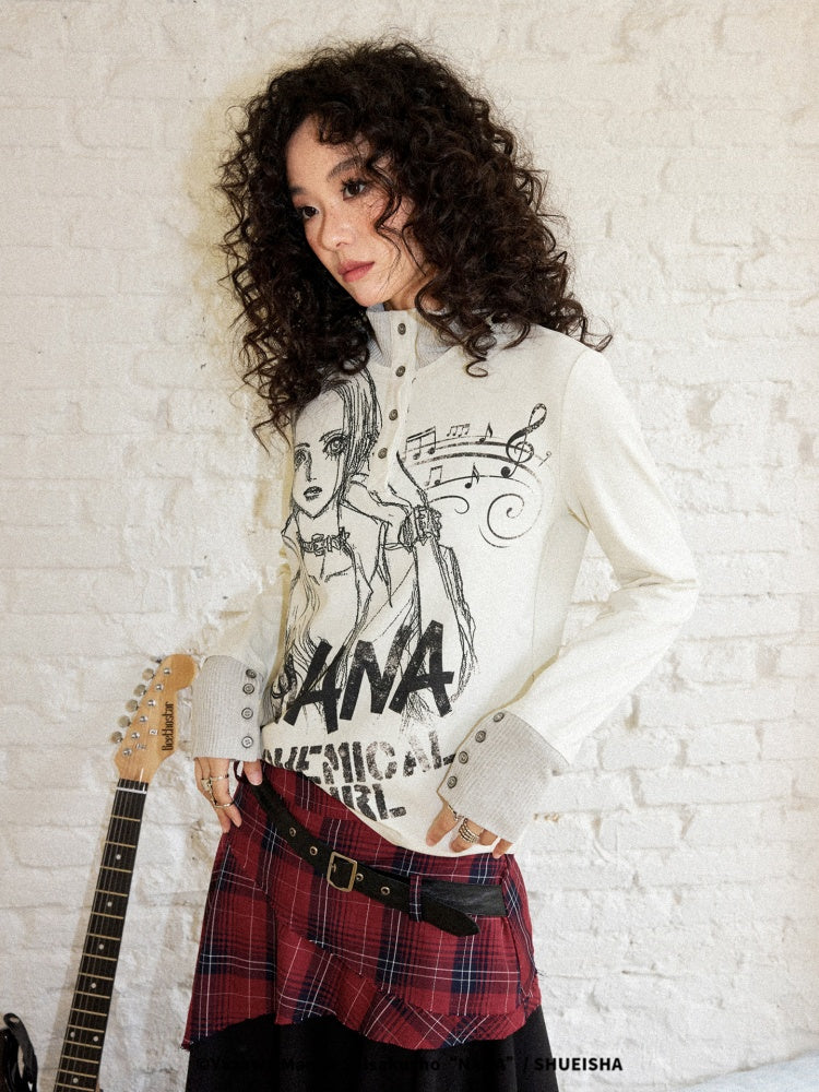Chemical Girl × NANA Collaboration Printed Lines Knit High Neck Buttons Half-Open Long Sleeve T-Shirt【s0000018159】