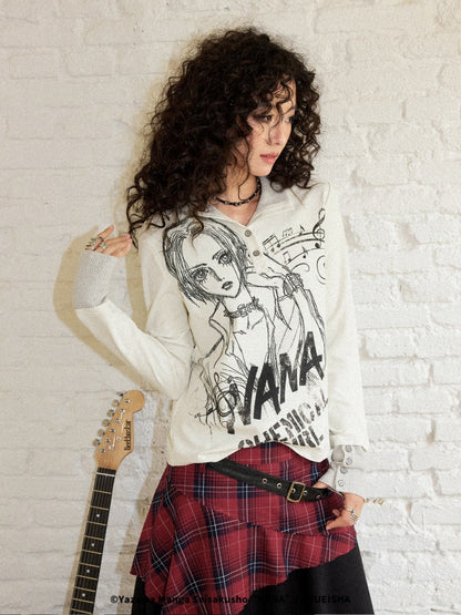 Chemical Girl × NANA Collaboration Printed Lines Knit High Neck Buttons Half-Open Long Sleeve T-Shirt【s0000018159】