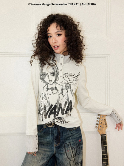 Chemical Girl × NANA Collaboration Printed Lines Knit High Neck Buttons Half-Open Long Sleeve T-Shirt【s0000018159】