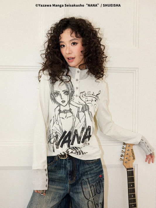 Chemical Girl × NANA Collaboration Printed Lines Knit High Neck Buttons Half-Open Long Sleeve T-Shirt【s0000018159】