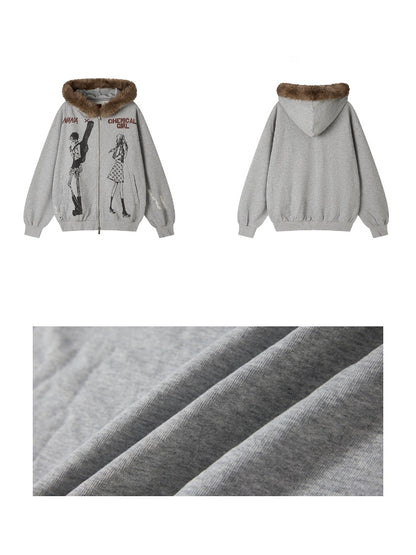 Chemical Girl × NANA Collaboration Mid-Length Loose Ripped Print Fur Collar Hooded Sweatshirt Cardigan【s0000018160】