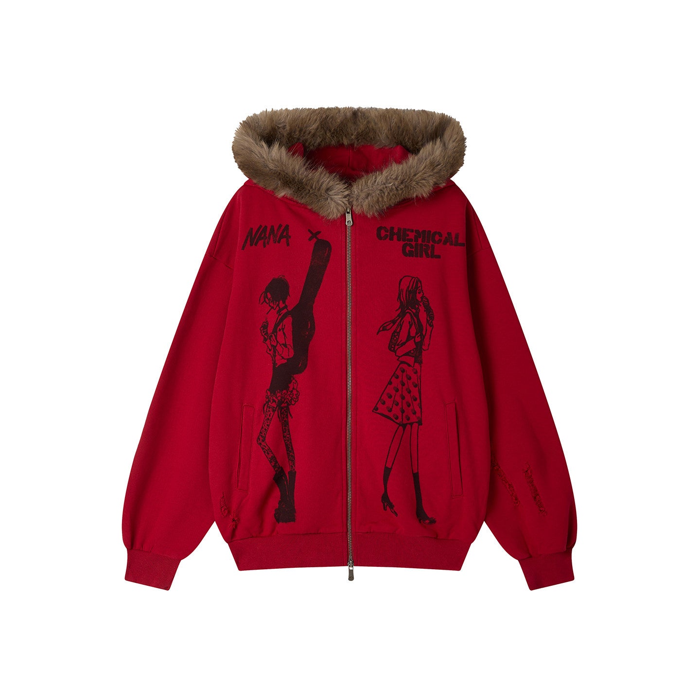 Chemical Girl × NANA Collaboration Mid-Length Loose Ripped Print Fur Collar Hooded Sweatshirt Cardigan【s0000018160】