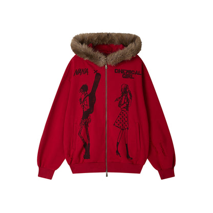 Chemical Girl × NANA Collaboration Mid-Length Loose Ripped Print Fur Collar Hooded Sweatshirt Cardigan【s0000018160】