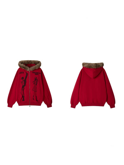 Chemical Girl × NANA Collaboration Mid-Length Loose Ripped Print Fur Collar Hooded Sweatshirt Cardigan【s0000018160】