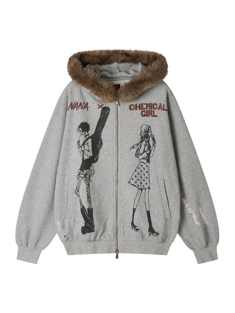 Chemical Girl × NANA Collaboration Mid-Length Loose Ripped Print Fur Collar Hooded Sweatshirt Cardigan【s0000018160】