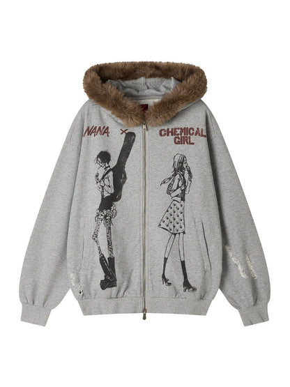 Chemical Girl × NANA Collaboration Mid-Length Loose Ripped Print Fur Collar Hooded Sweatshirt Cardigan【s0000018160】